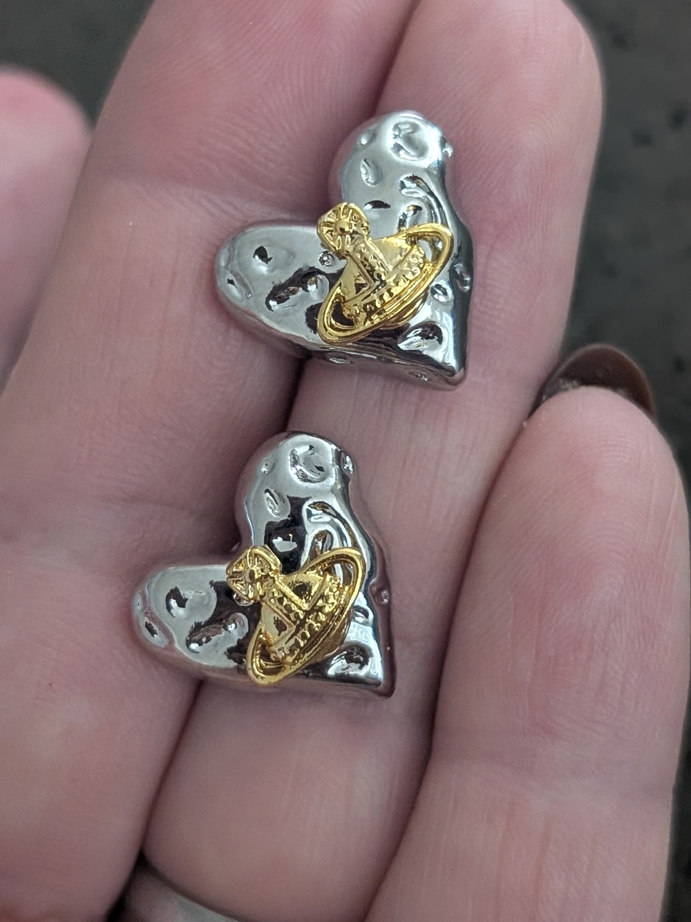 Vivienne Westwood Inspired Heart Orb Stud Earrings - Silver & Gold Nwot No Box